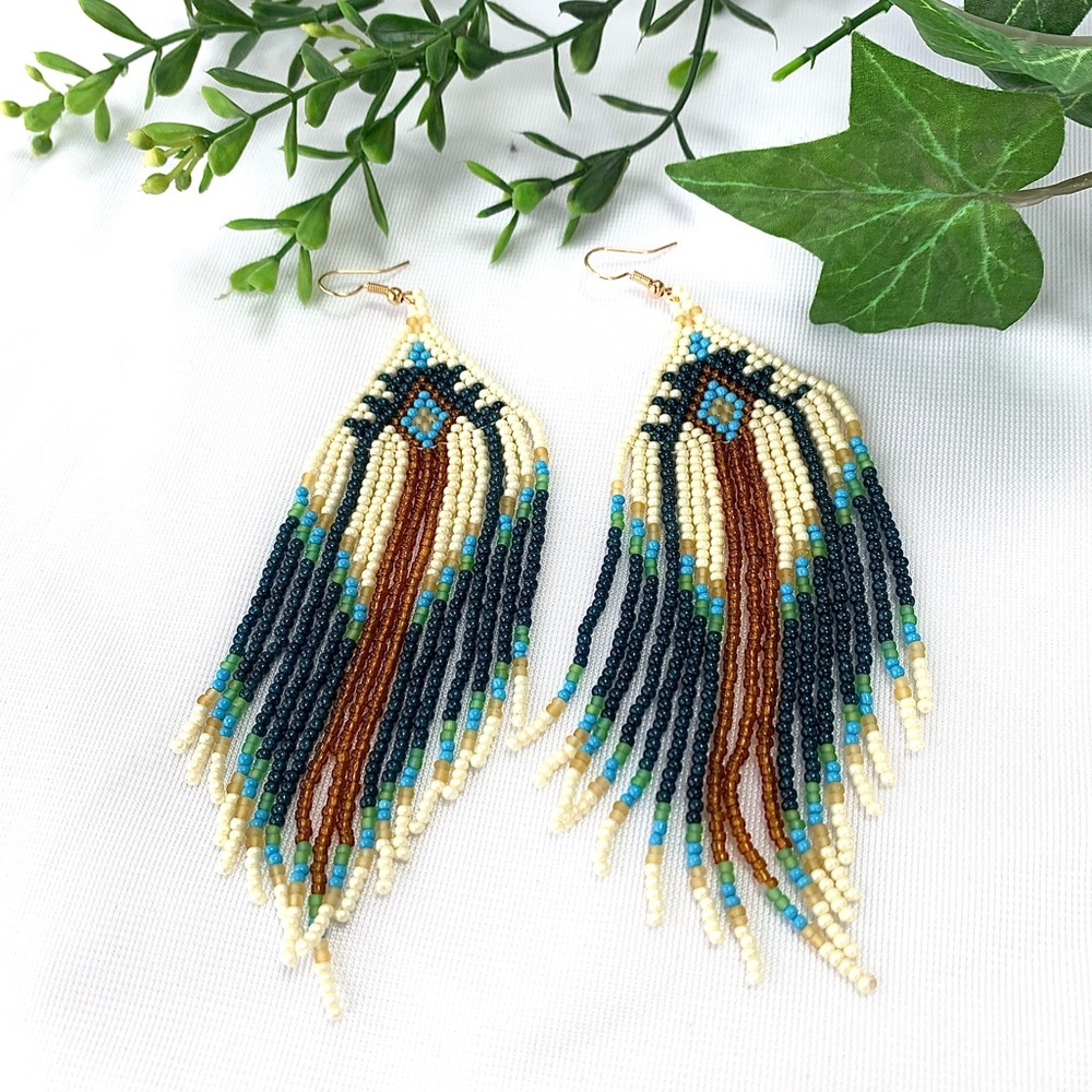 Gypsy Boho Beaded Tassel Drop Earrings Southwestern Tribal - Picture 4 of 8
